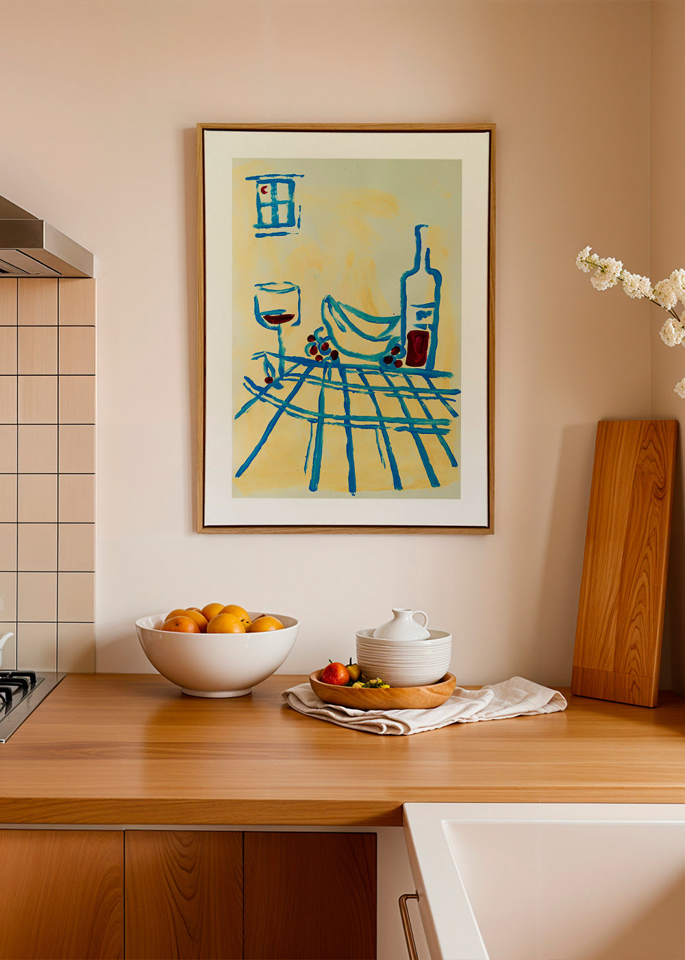 Køkkenkunst: blåt stilleben med bananer – Canvas2