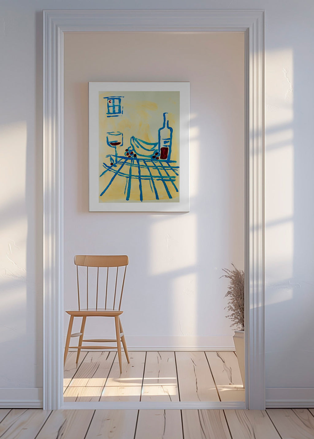 Køkkenkunst: blåt stilleben med bananer – Canvas