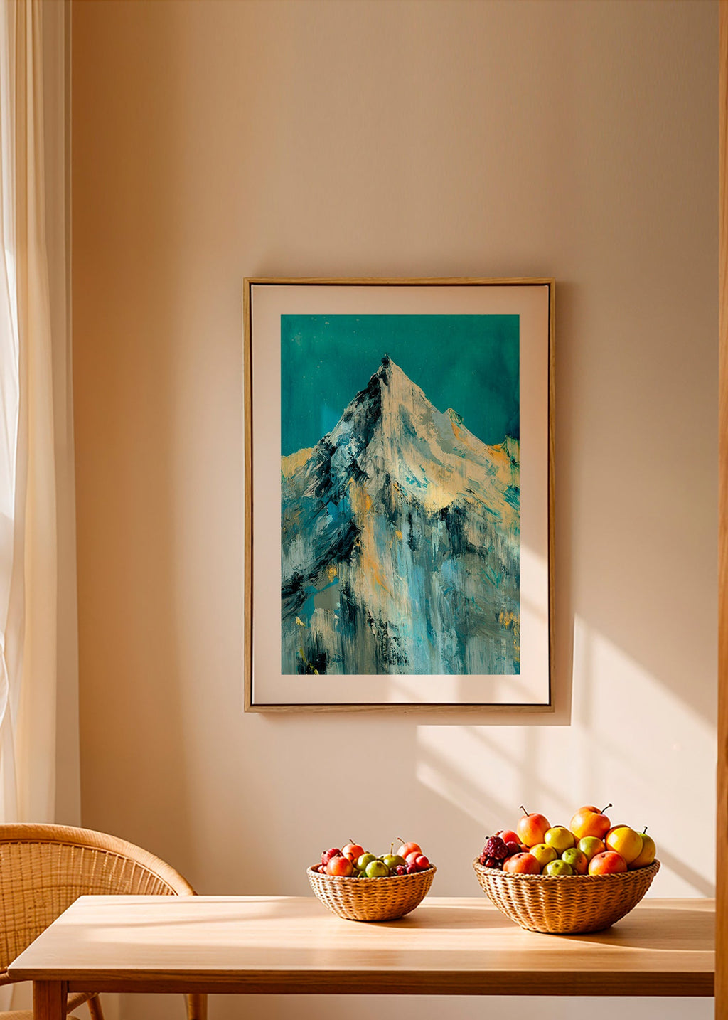Landskabsmaleri med sneklædt top og turkise felter – Canvas1