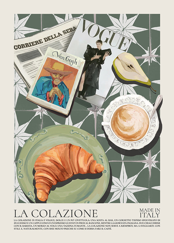 Køkkenkunst med croissant og magasin