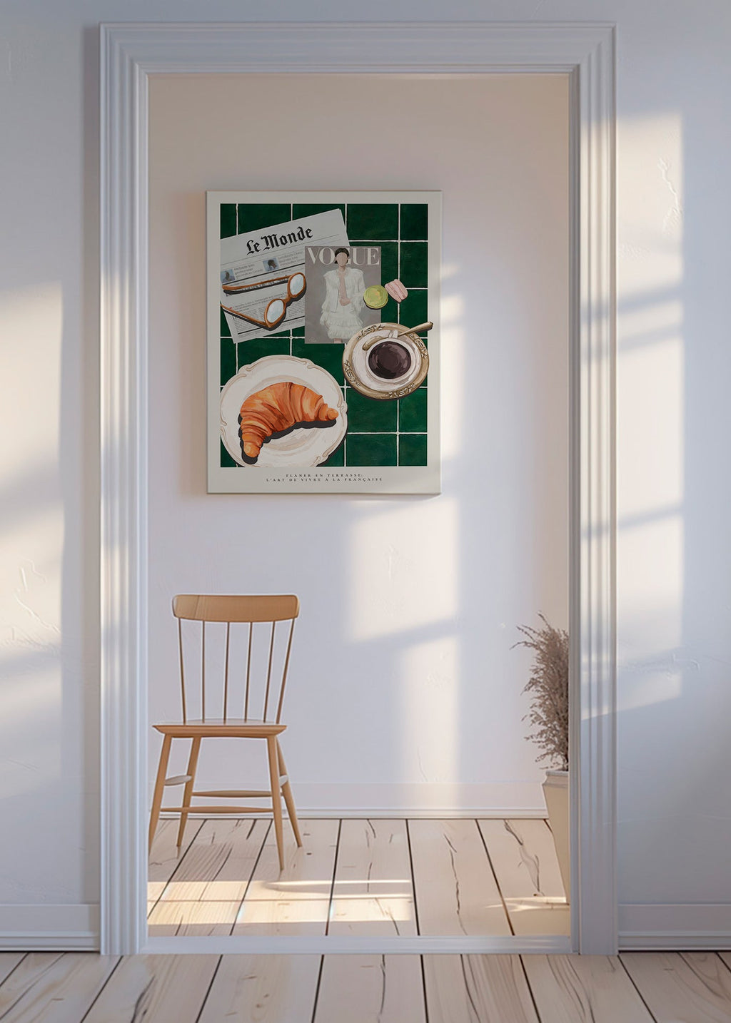 Køkkenkunst med croissant og kaffe