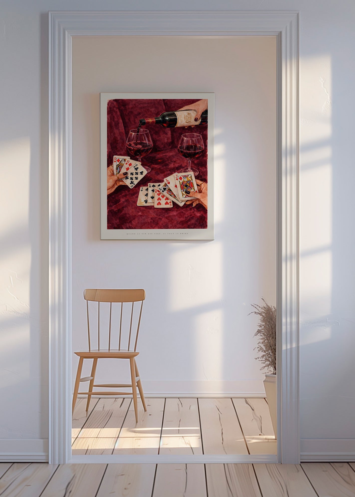 Køkkenkunst med spillekort og rødvin