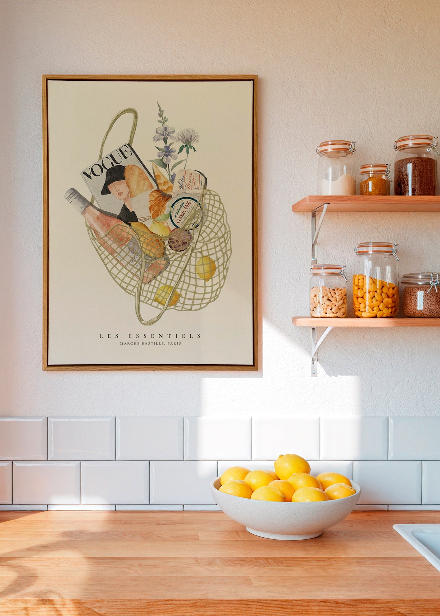 Køkkenkunst med illustreret markedstaske