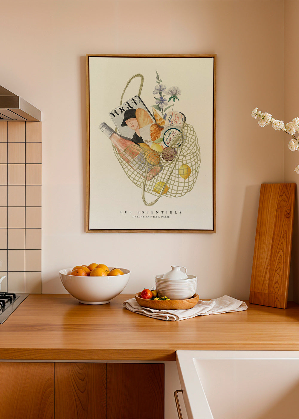 Køkkenkunst med illustreret markedstaske