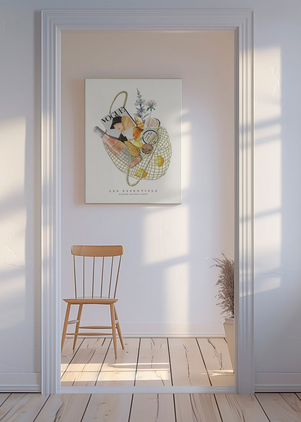 Køkkenkunst med illustreret markedstaske