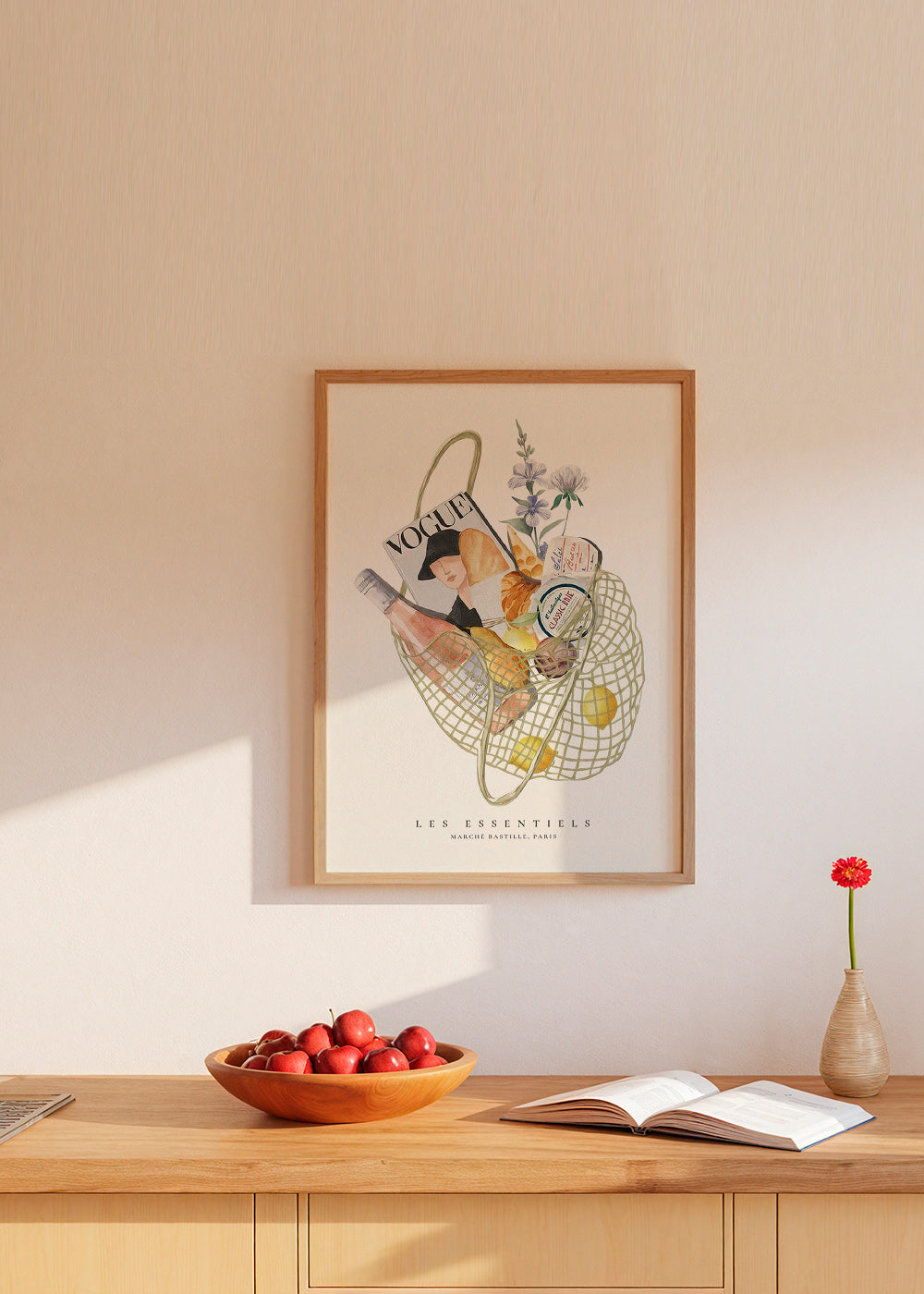 Køkkenkunst med illustreret markedstaske