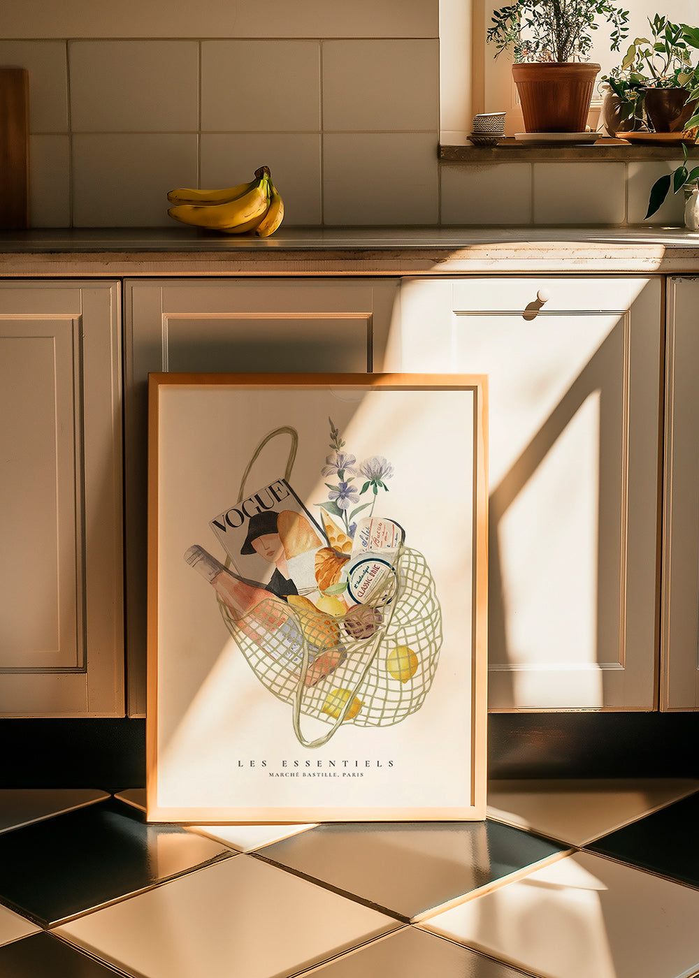Køkkenkunst med illustreret markedstaske