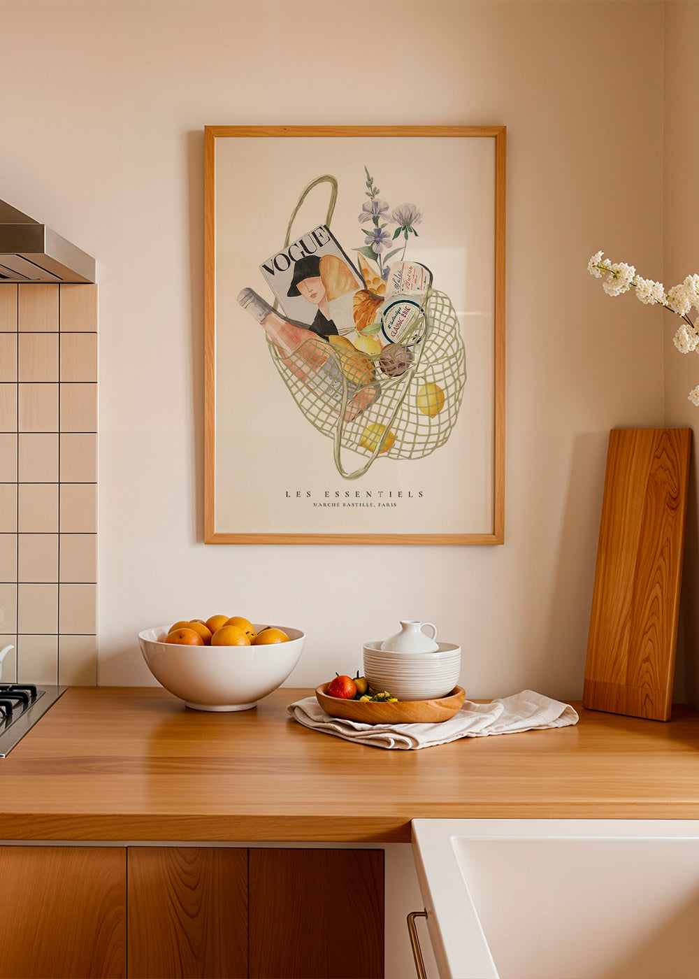Køkkenkunst med illustreret markedstaske