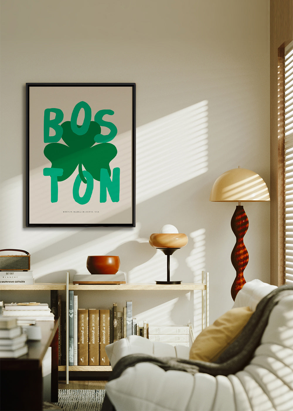 Rejseplakat Boston med kløvergrafik