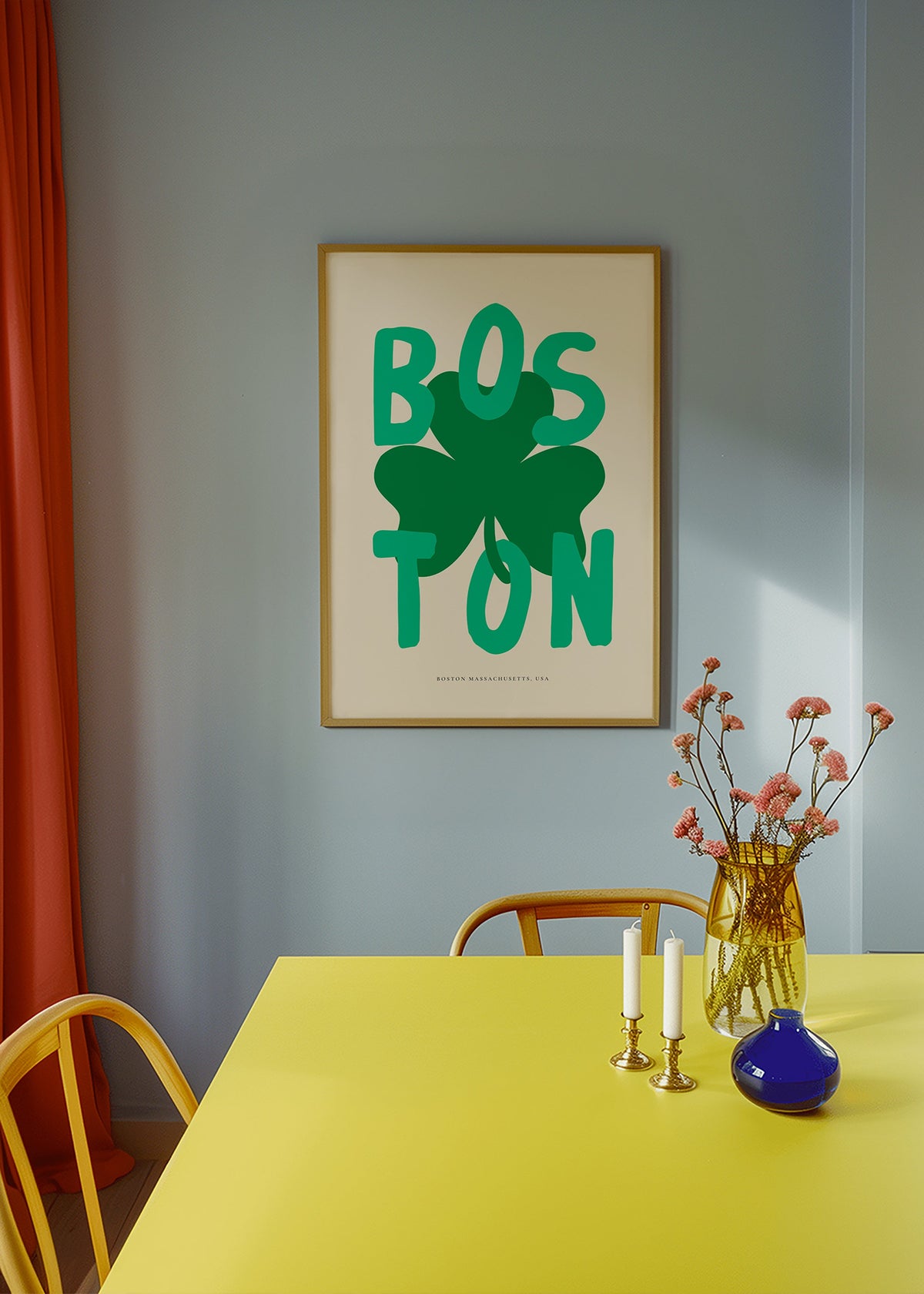 Rejseplakat Boston med kløvergrafik