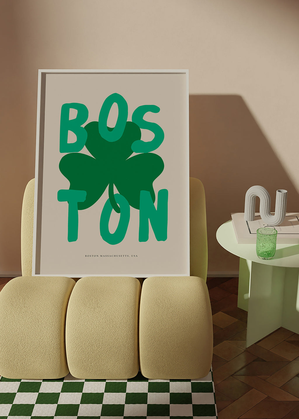 Rejseplakat Boston med kløvergrafik