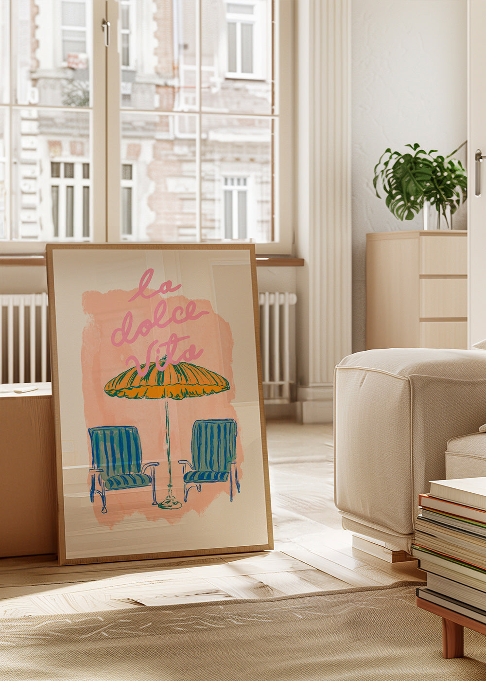 Illustration La Dolce Vita parasol og stole
