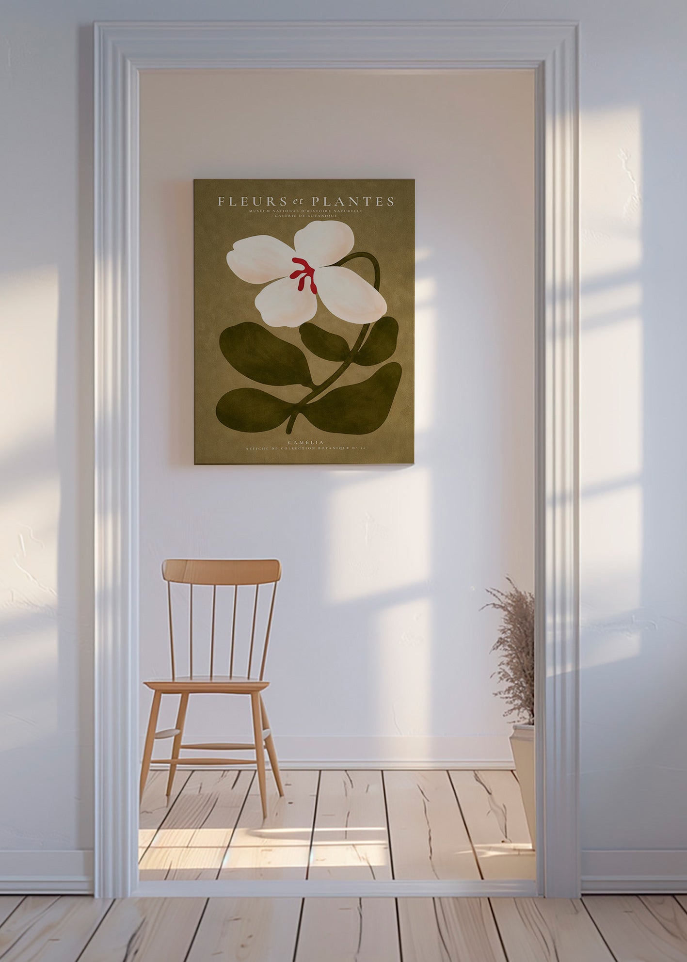 Botanisk plakat: hvid kamelia på olivengrøn baggrund