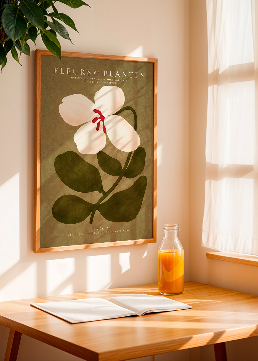 Botanisk plakat: hvid kamelia på olivengrøn baggrund