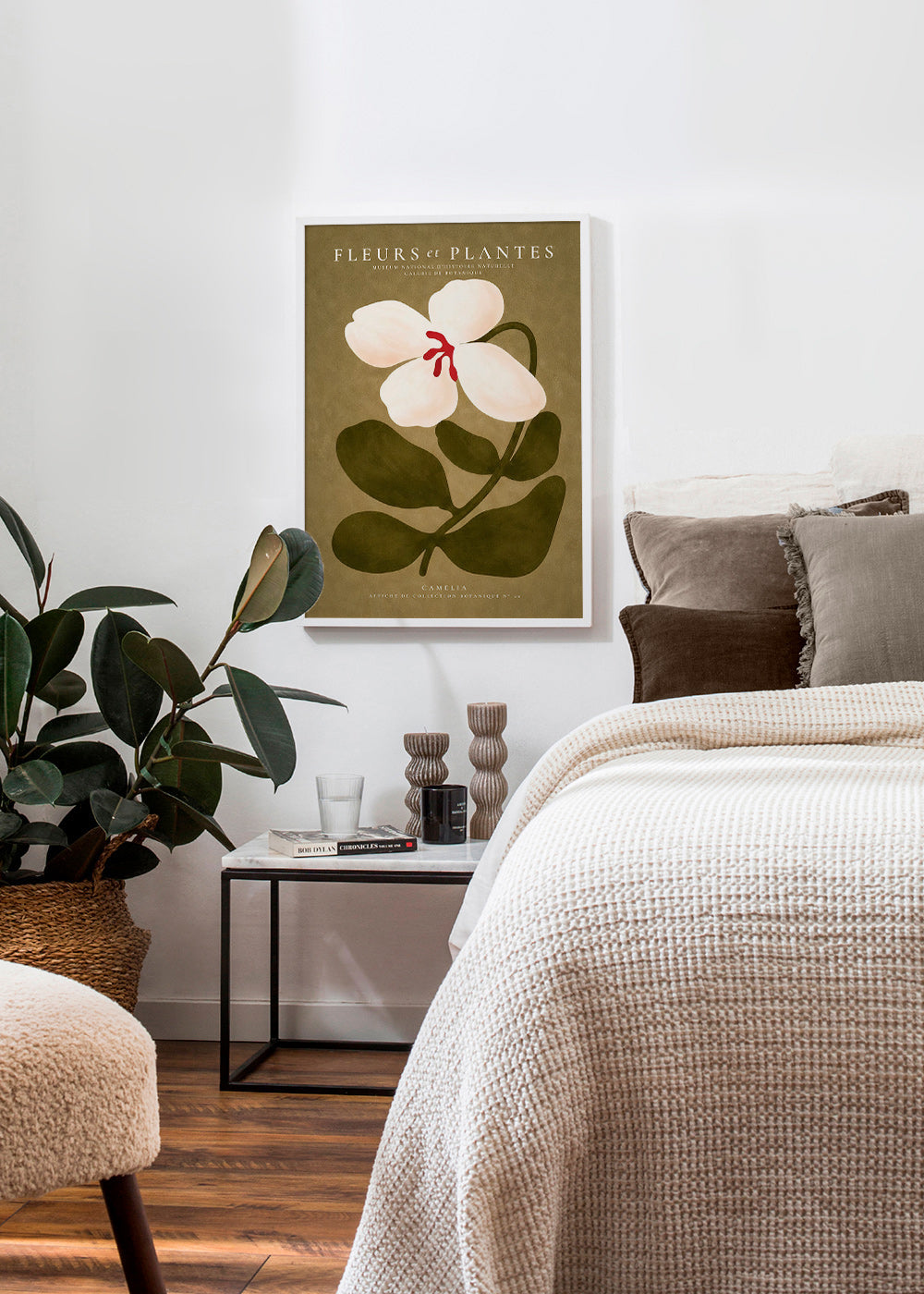 Botanisk plakat: hvid kamelia på olivengrøn baggrund
