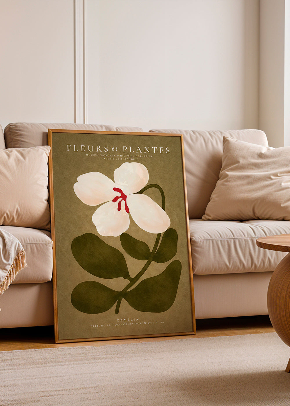 Botanisk plakat: hvid kamelia på olivengrøn baggrund