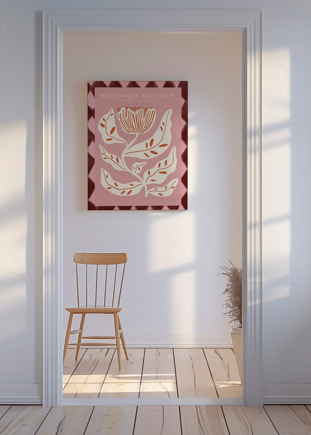 Botanisk plakat med stiliseret rosa blomst