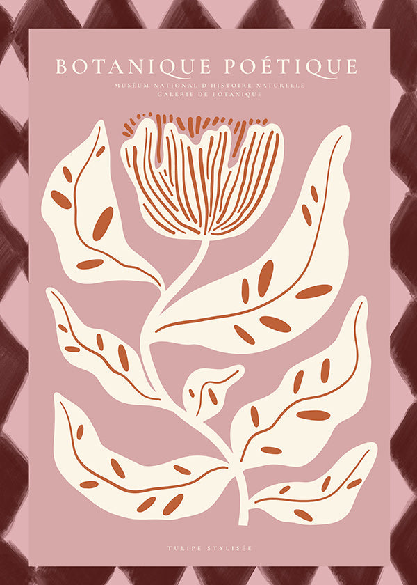 Botanisk plakat med stiliseret rosa blomst