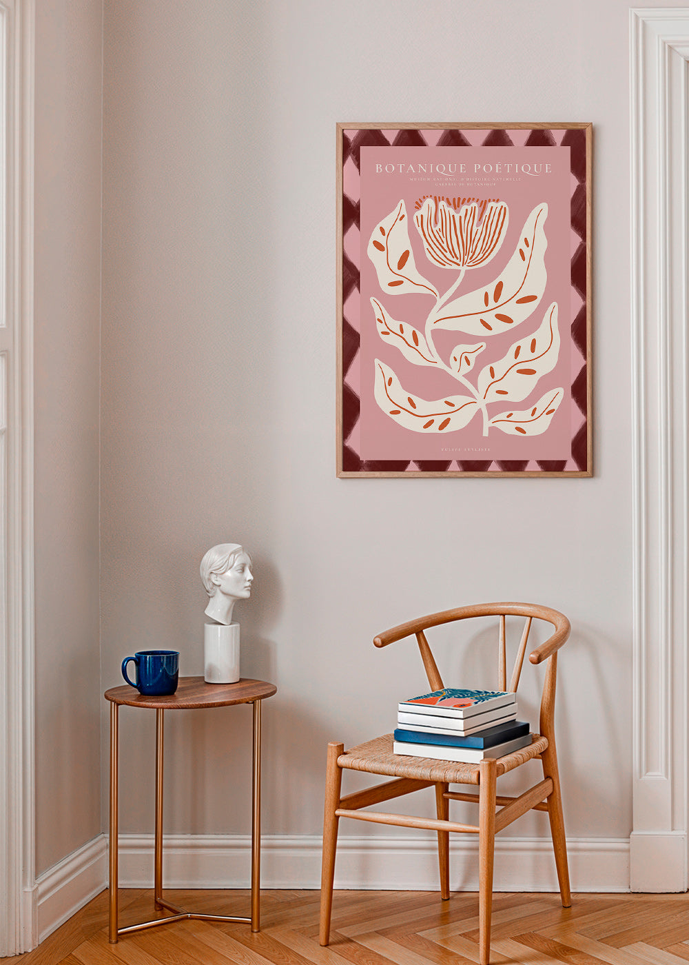 Botanisk plakat med stiliseret rosa blomst