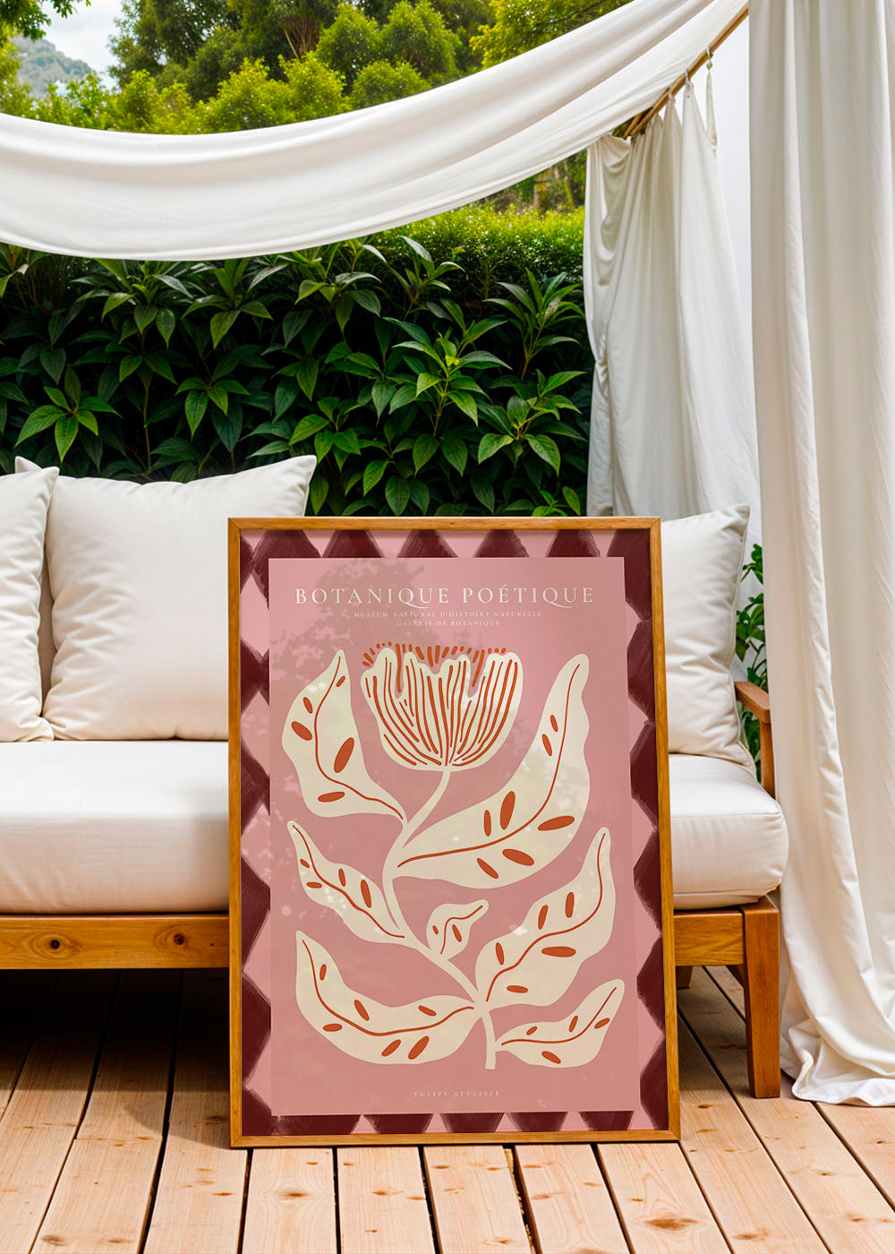 Botanisk plakat med stiliseret rosa blomst