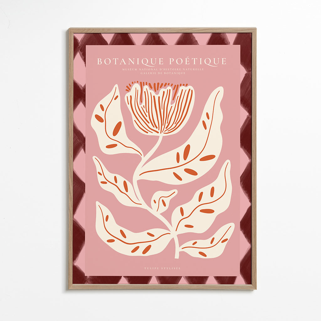 Botanisk plakat med stiliseret rosa blomst