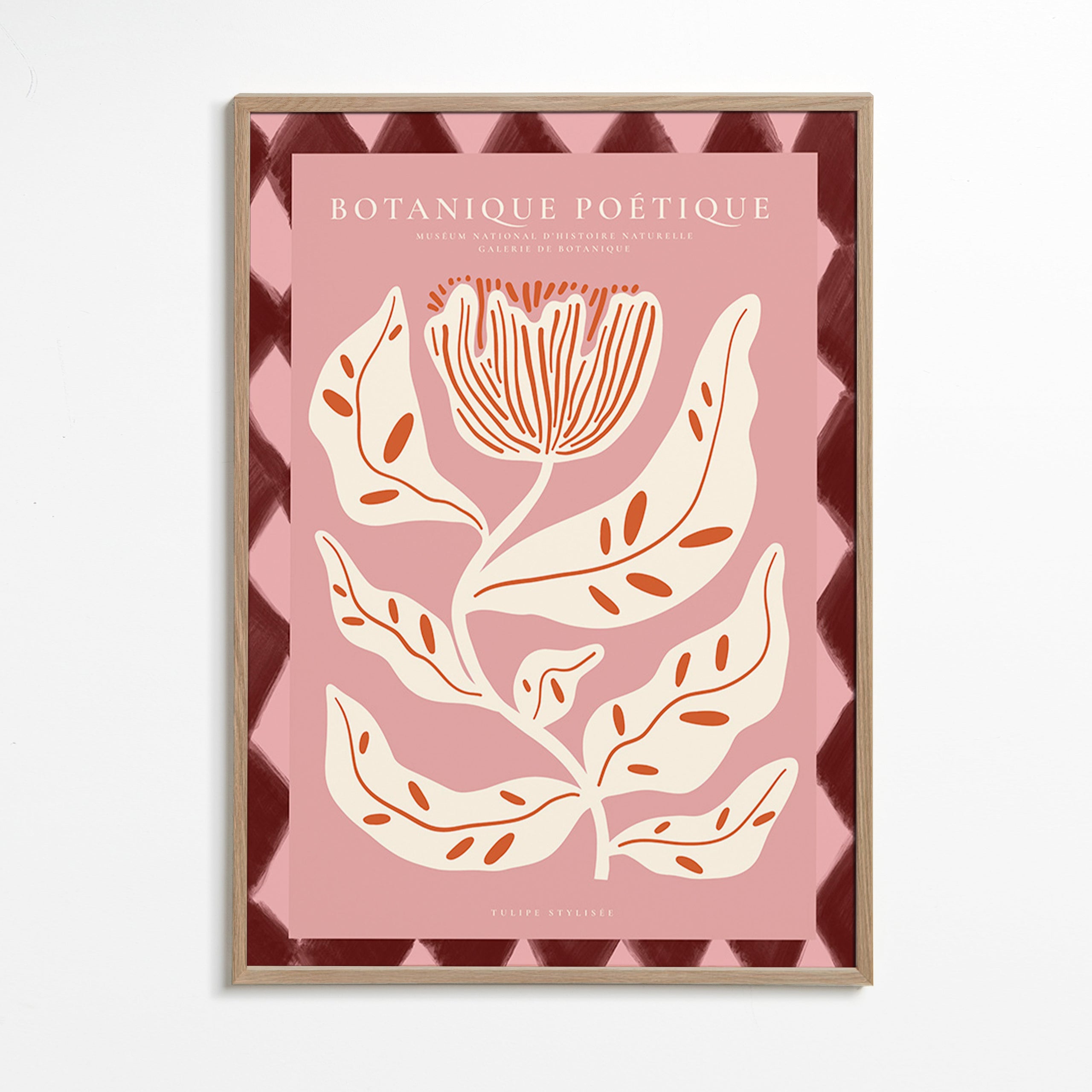 Botanisk plakat med stiliseret rosa blomst