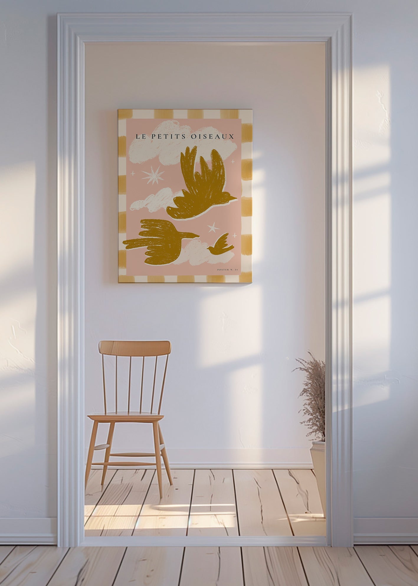 Gyldne fugle på rosa baggrund