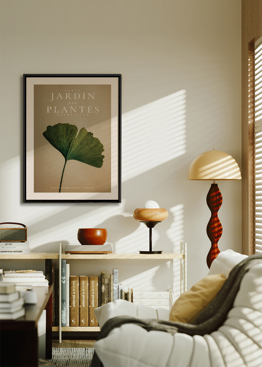 Botanisk plakat med ginkgo-blad og klassisk typografi