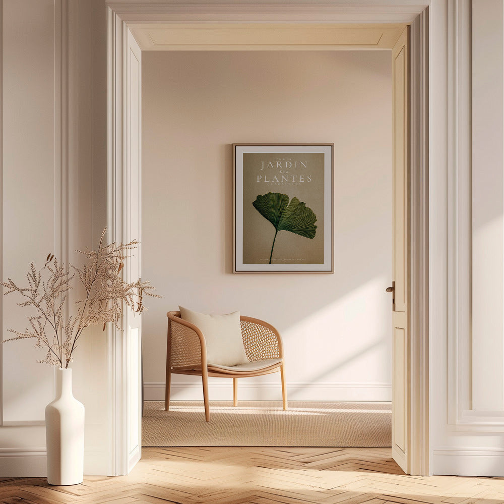 Botanisk plakat med ginkgo-blad og klassisk typografi