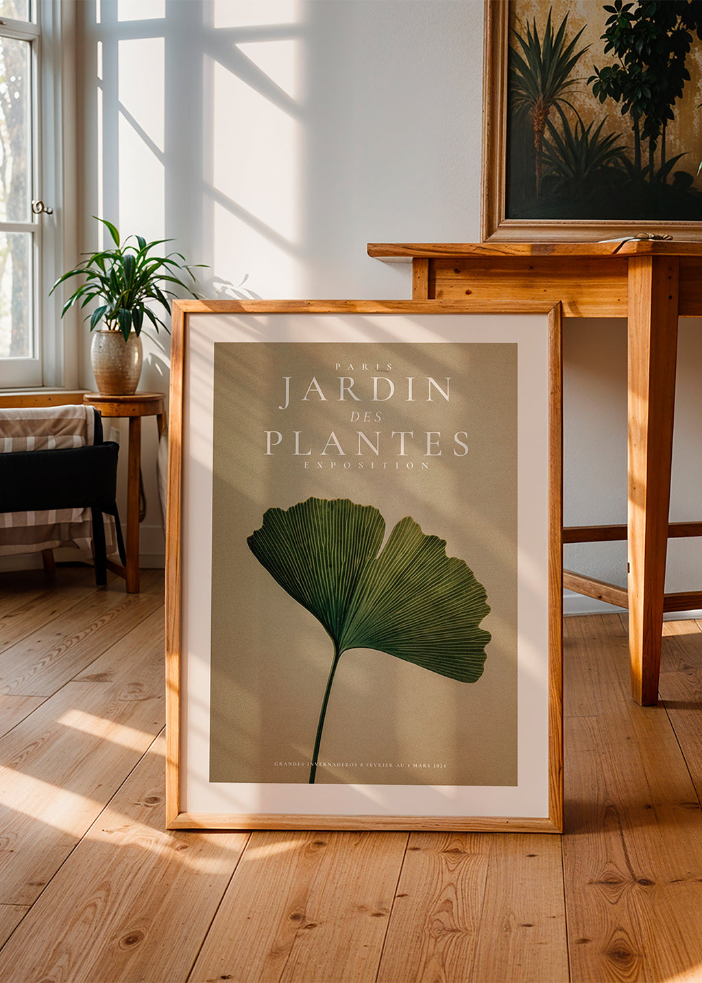 Botanisk plakat med ginkgo-blad og klassisk typografi