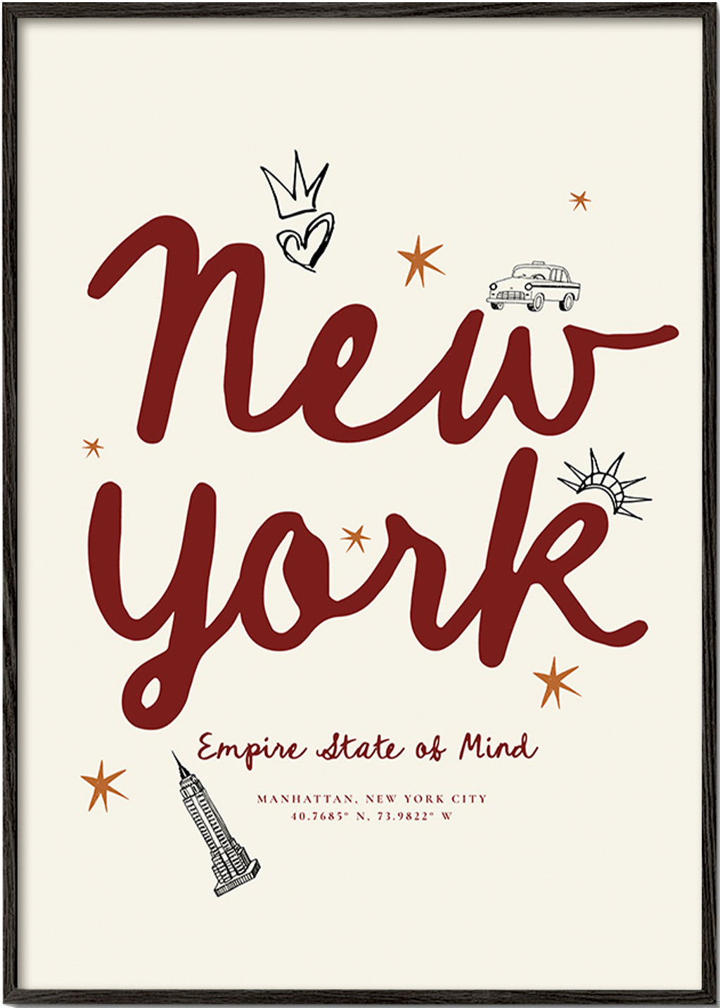 Rejseplakat New York med bordeaux handlettering