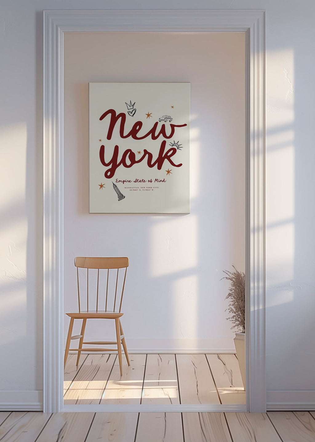 Rejseplakat New York med bordeaux handlettering