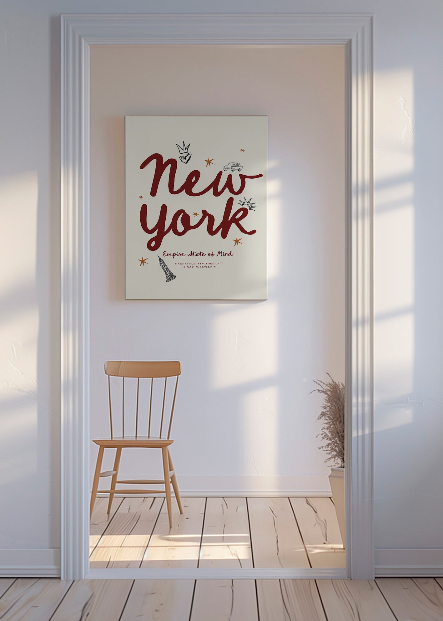 Rejseplakat New York med bordeaux handlettering