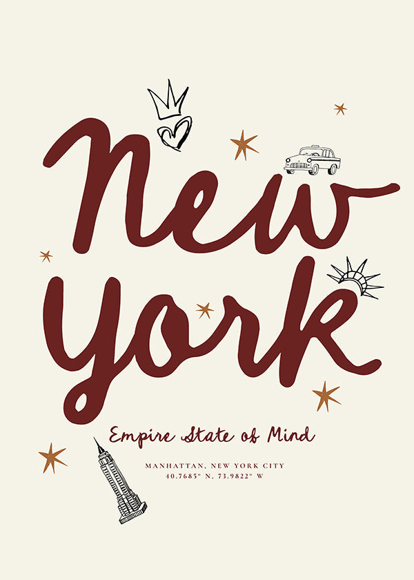 Rejseplakat New York med bordeaux handlettering