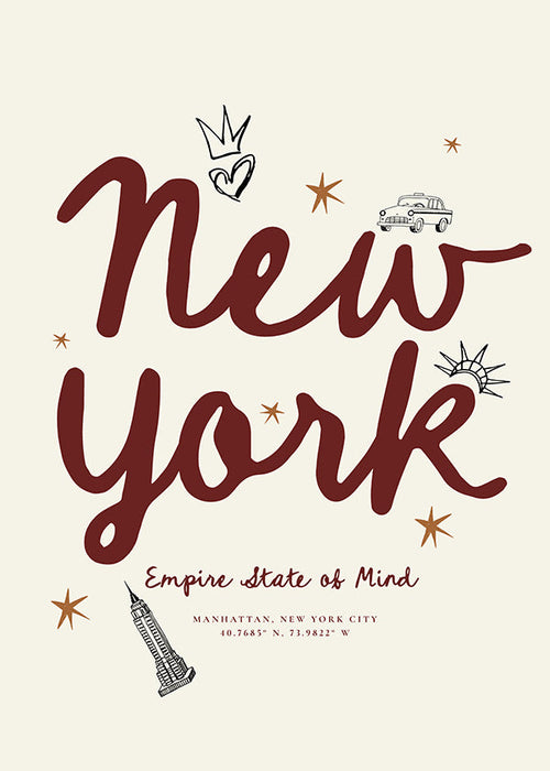 Rejseplakat New York med bordeaux handlettering