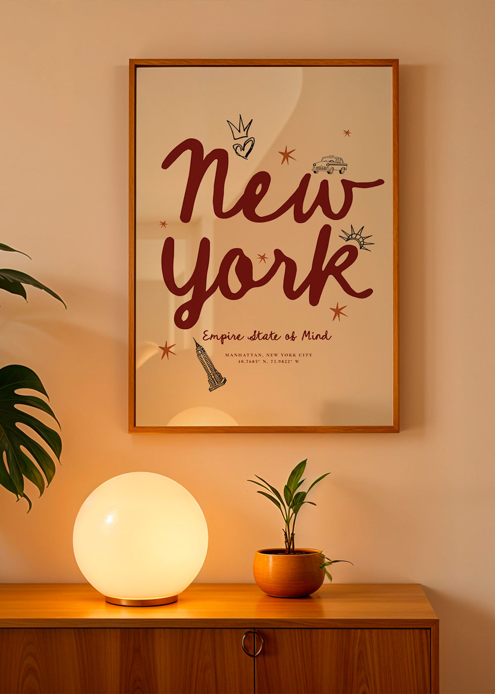 Rejseplakat New York med bordeaux handlettering