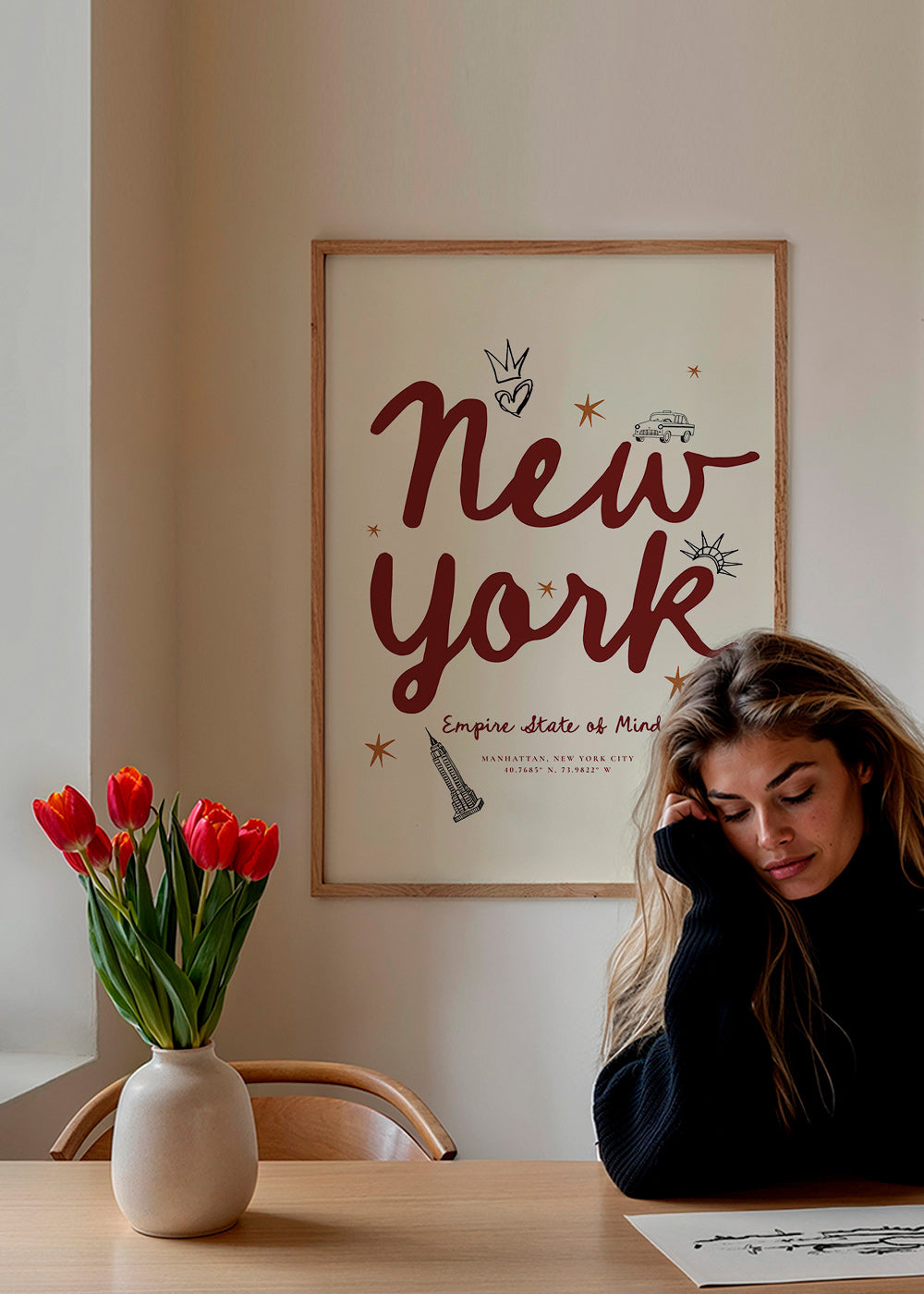 Rejseplakat New York med bordeaux handlettering