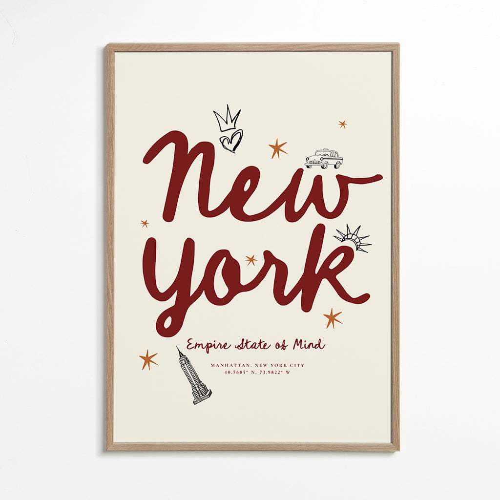 Rejseplakat New York med bordeaux handlettering