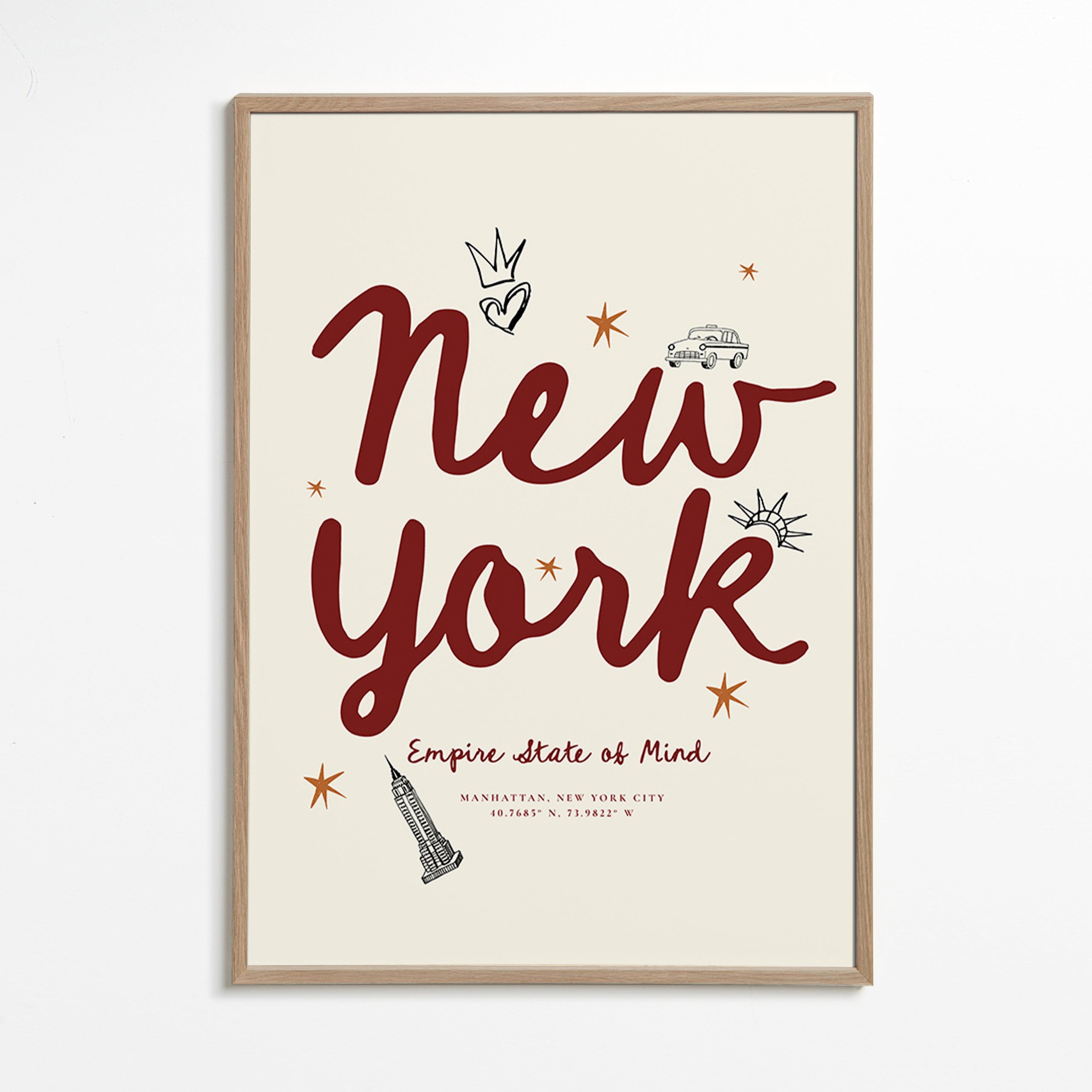 Rejseplakat New York med bordeaux handlettering