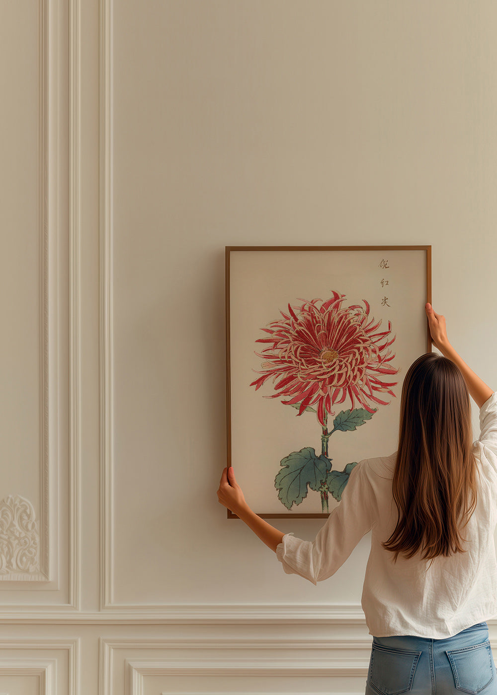 Botanisk plakat rød krysantemum detaljeret
