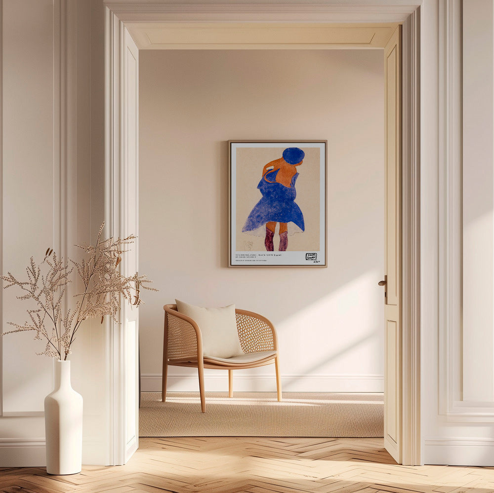 Illustration: kvindefigur set bagfra i blå
