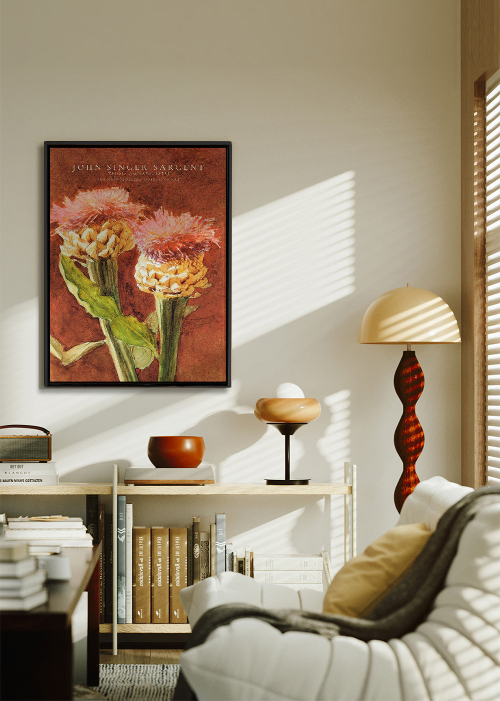 Botanisk plakat med lyserøde tistler