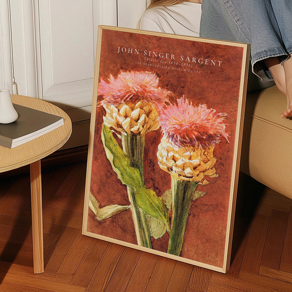 Botanisk plakat med lyserøde tistler
