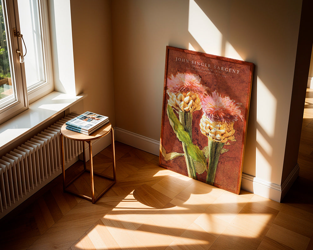 Botanisk plakat med lyserøde tistler