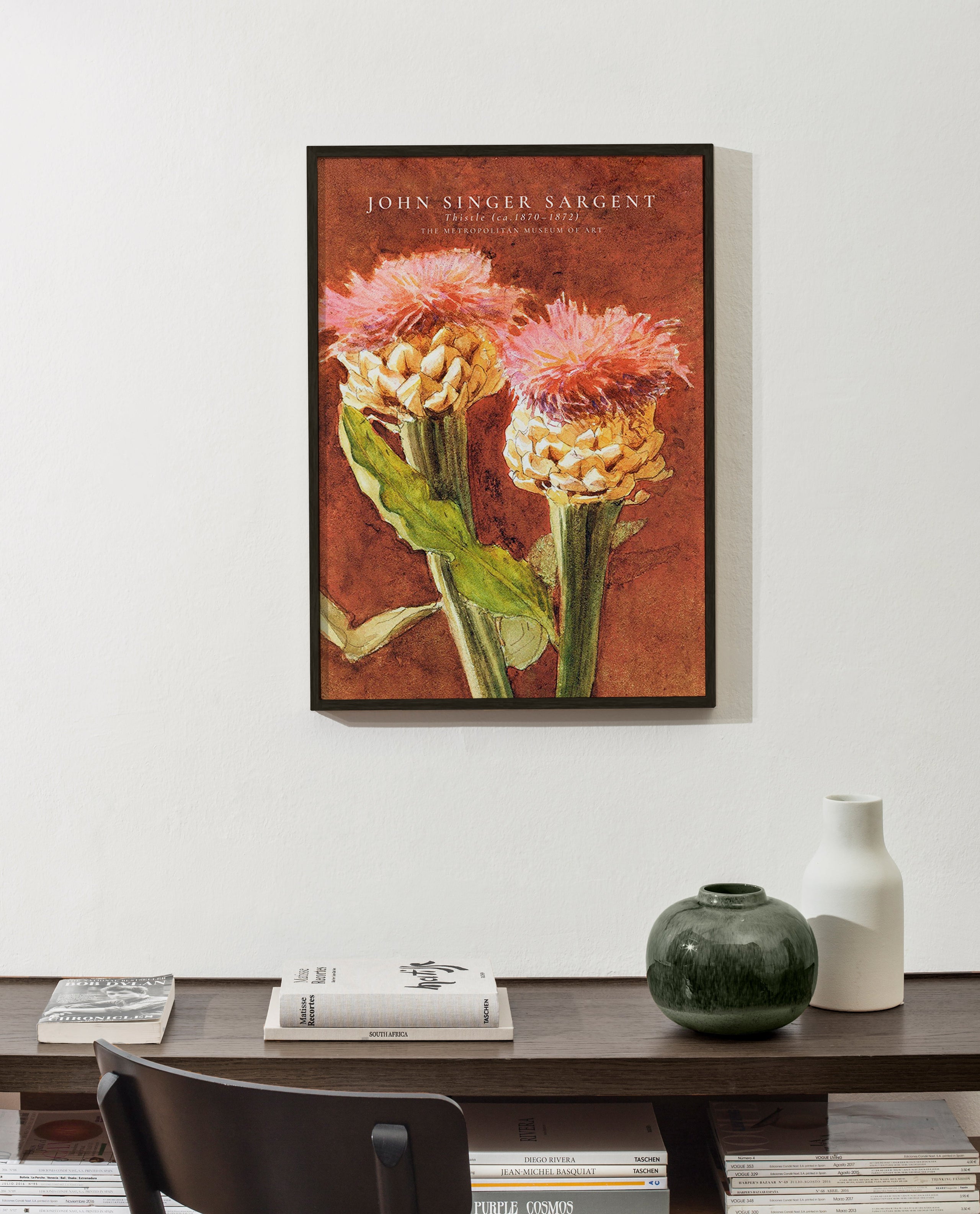 Botanisk plakat med lyserøde tistler