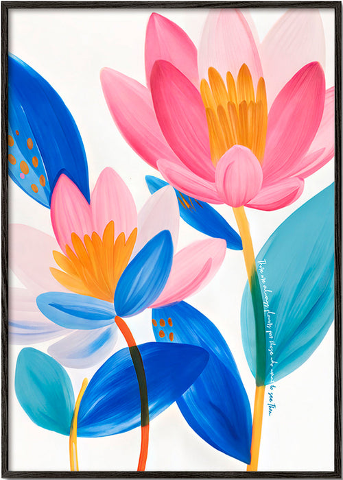 Botanisk plakat med rosa og blå blomster