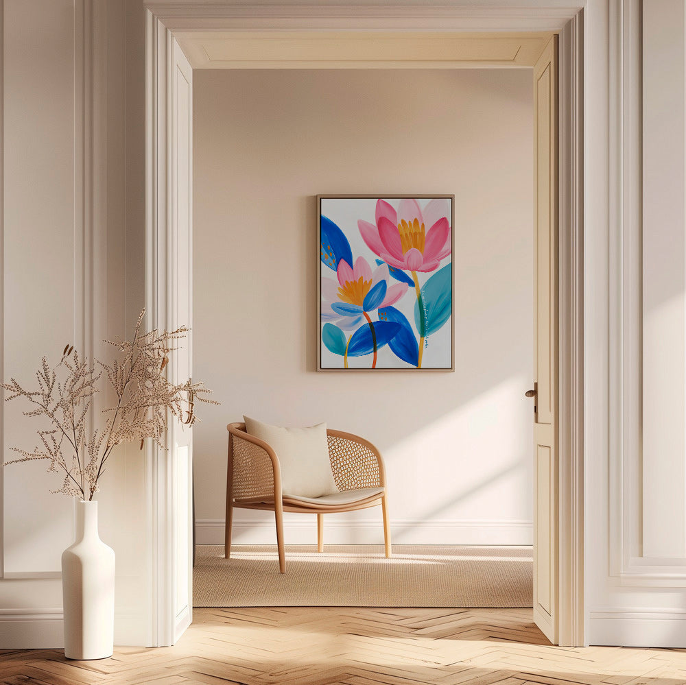 Botanisk plakat med rosa og blå blomster