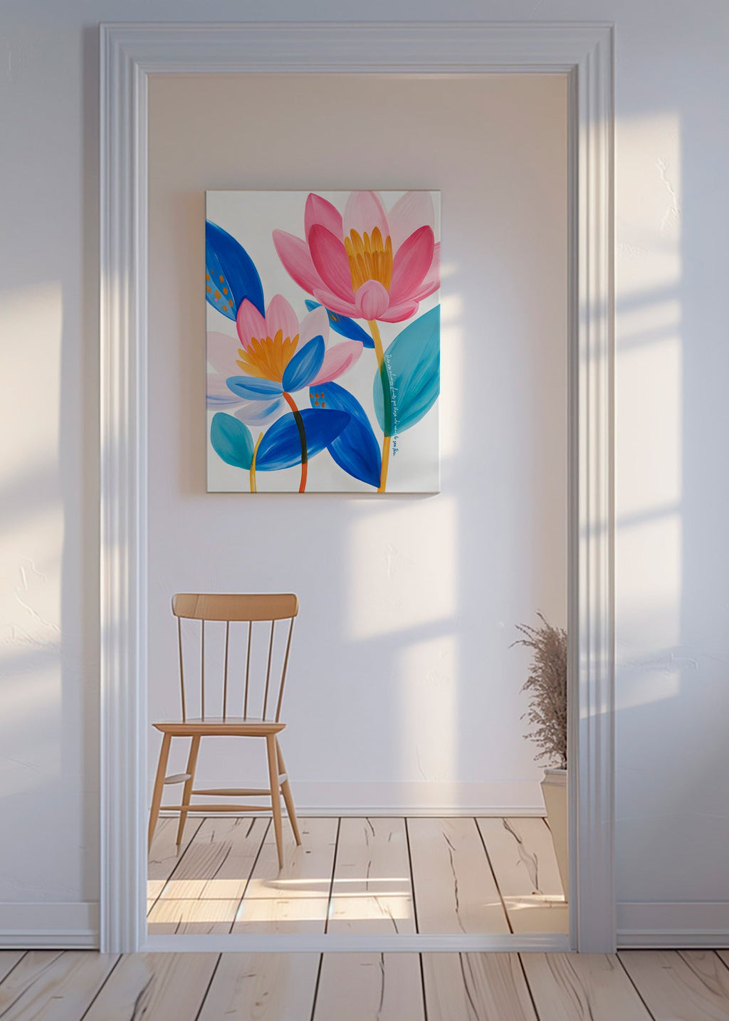 Botanisk plakat med rosa og blå blomster