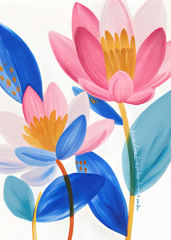 Botanisk plakat med rosa og blå blomster