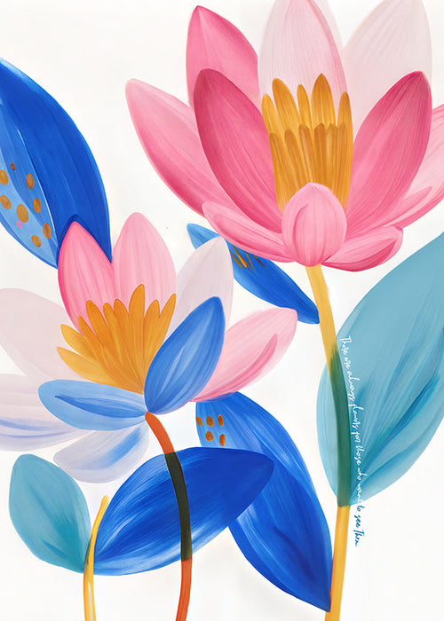 Botanisk plakat med rosa og blå blomster